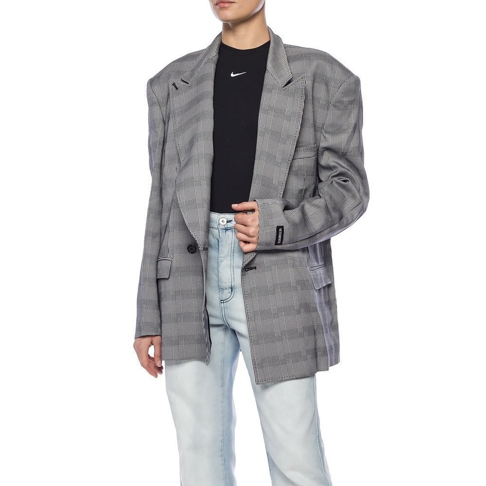VETEMENTS Cross Button Blazer Jacket with Cut-out Detail Wool Grey Check